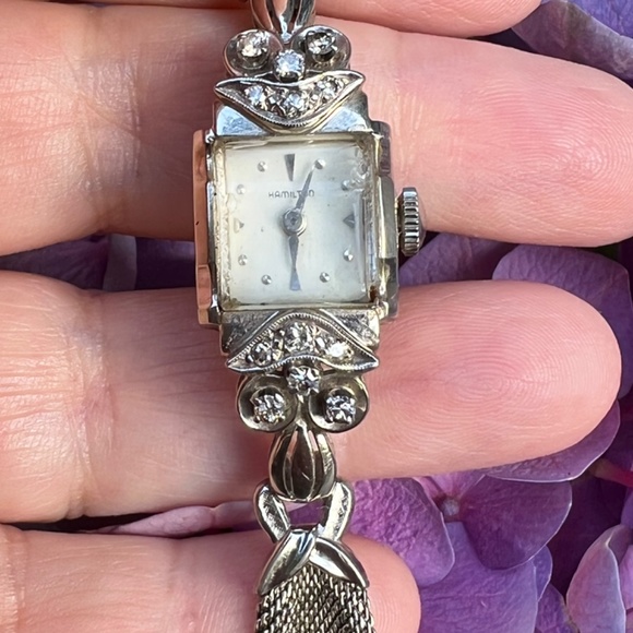 ANTIQUE VINTAGE LADIES 14K WHITE GOLD HAMILTON DIAMOND WRIST WATCH WORKING CONDT - Picture 11 of 16